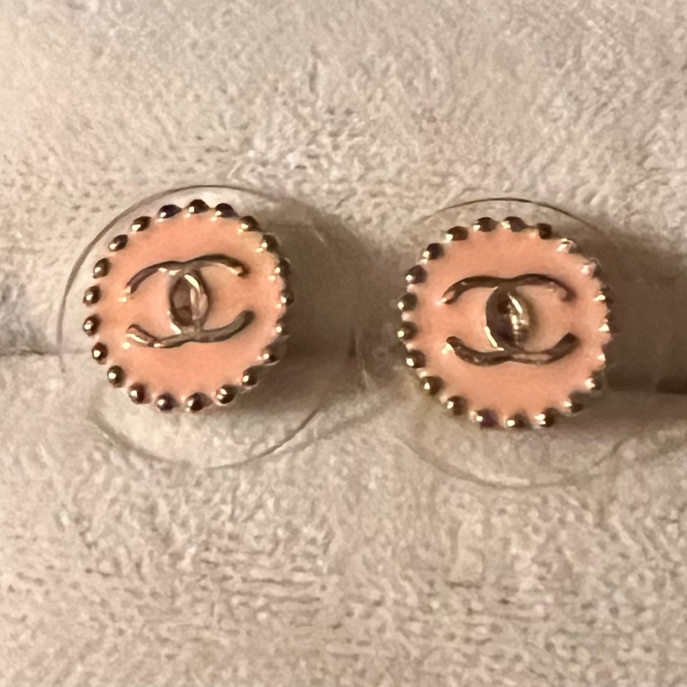 CHANEL Pink and Silver Logo Stud Earrings